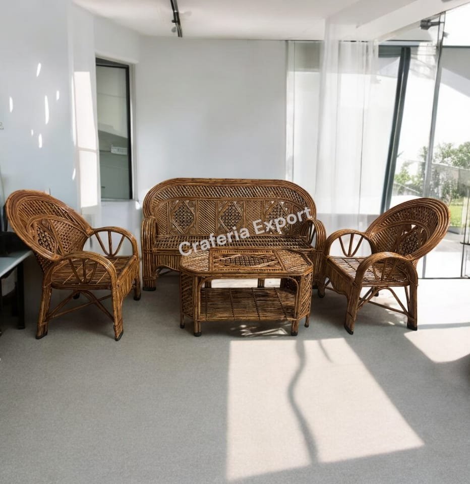 Cane Bamboo 3 Seater Sofa Set with Table Chair for Home, Living Room, Office, Outdoor, Indoor, Garden, Resort