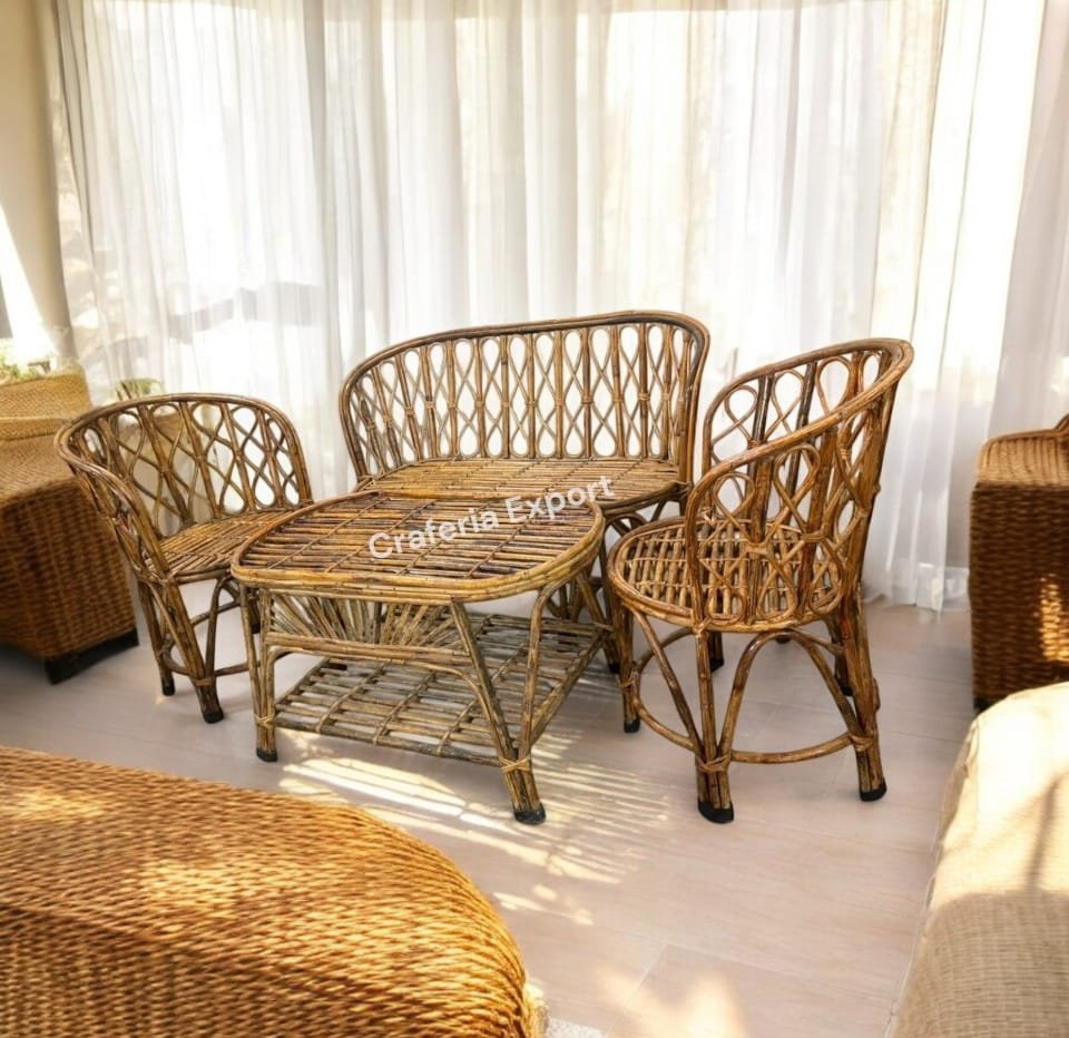 Cane Chair and Table Set With Two Sitter Perfect for Living Room, Garden, Porch, Cafe, Restaurant