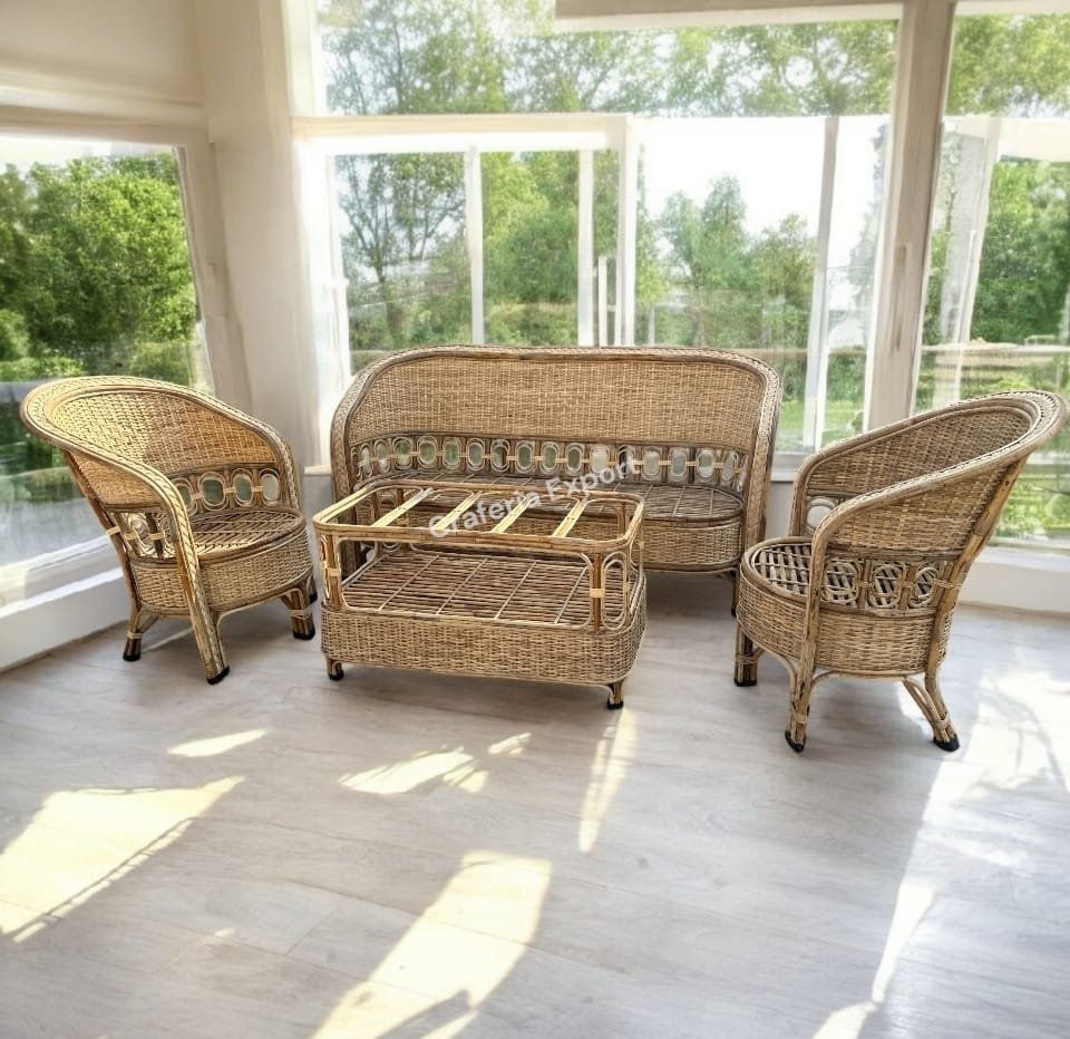Cane Sofa Set with Table for Home, Living Room, Office, Garden, Resort