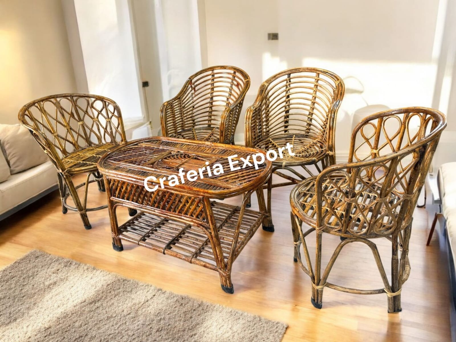 Cane Chairs Table Set of 5 | Bamboo Hina and Mudda Chairs Set for Balcony/Lawn/Bait Kursi Outdoor Indoor