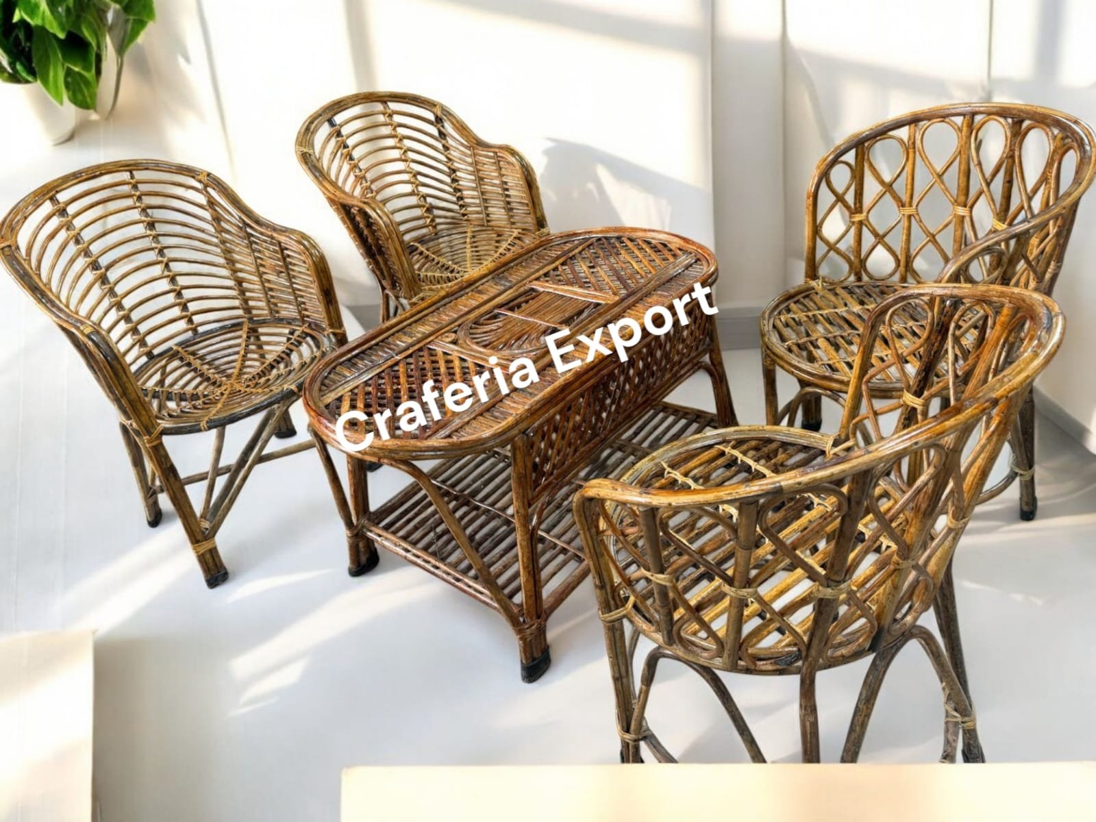 Cane Chairs Table Set of 5 | Bamboo Hina and Mudda Chairs Set for Balcony/Lawn/Bait Kursi Outdoor Indoor