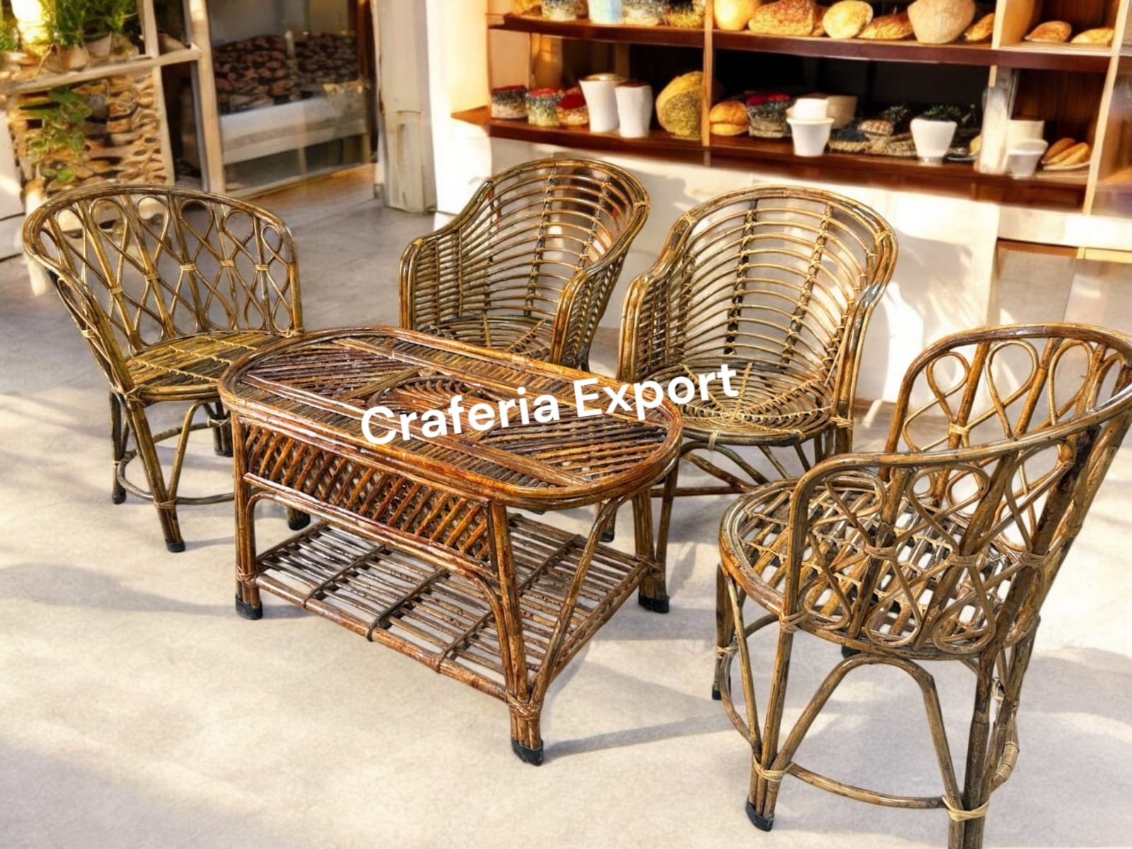 Cane Chairs Table Set of 5 | Bamboo Hina and Mudda Chairs Set for Balcony/Lawn/Bait Kursi Outdoor Indoor