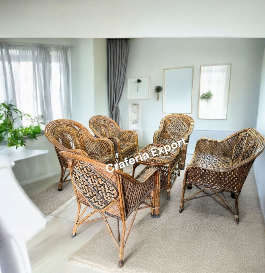 Cane Sofa Chairs Table Set | Bamboo Chair Premium Cane Sofa Set with Table for Home, Office, Living Room, Balcony, Garden, Indoor & Outdoor