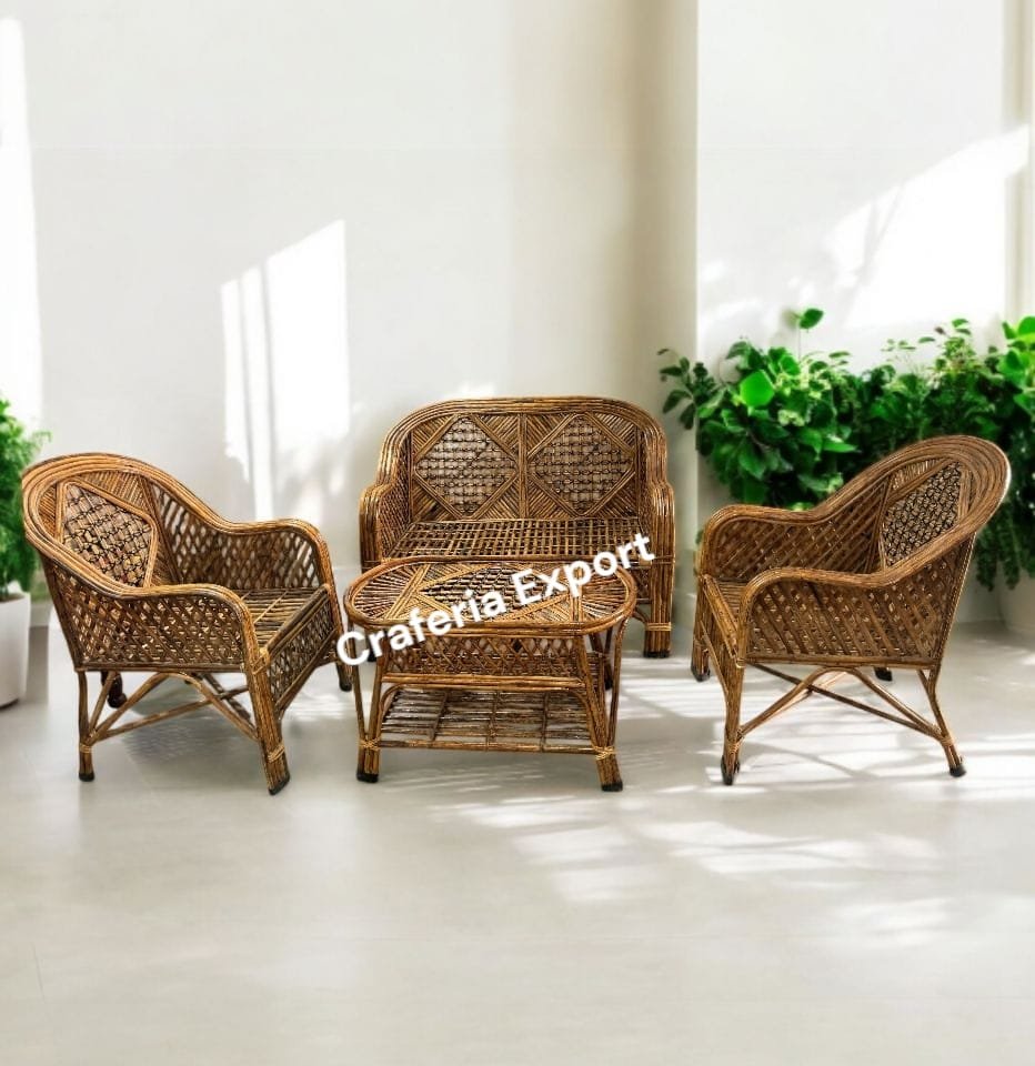 Cane 2 Seater Sofa Chairs Table Set for Home | Office | Living Room | Balcony