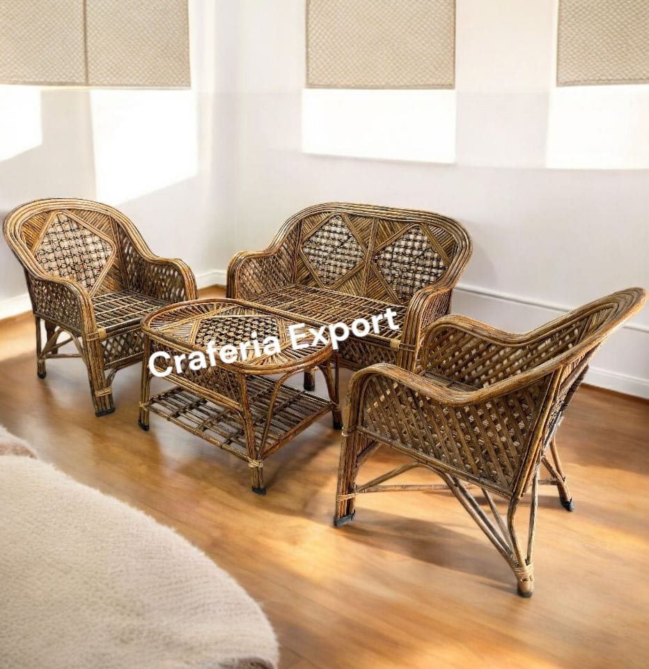 Cane 2 Seater Sofa Chairs Table Set for Home | Office | Living Room | Balcony