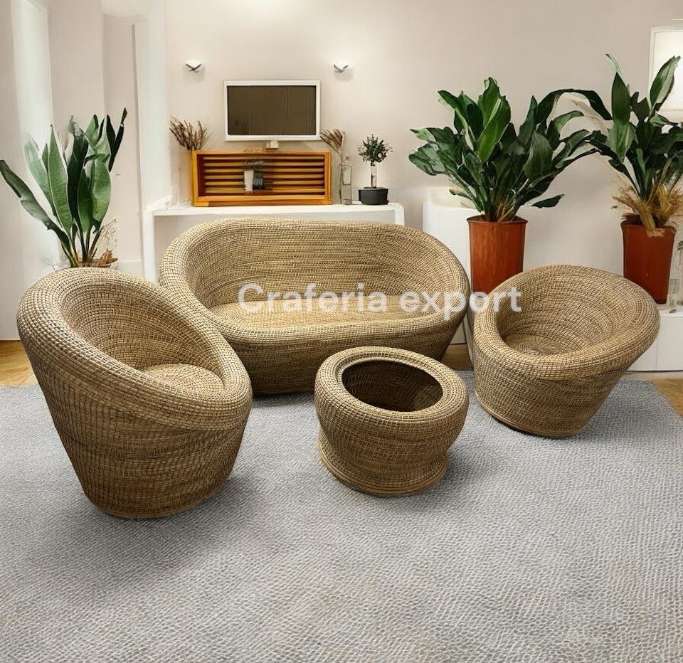 Designer Cane Apple Three seater Sofa with Chair table set | Bamboo Rattan Apple five Seater Sofa chair table furniture set | Cane Buani 3 seater sofa chairs table set for garden, living room, cafe bar hotel