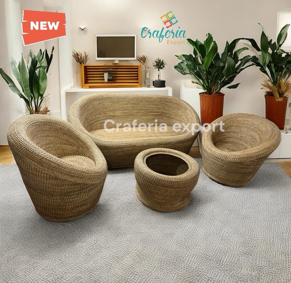 Designer Cane Apple Three seater Sofa with Chair table set | Bamboo Rattan Apple five Seater Sofa chair table furniture set | Cane Buani 3 seater sofa chairs table set for garden, living room, cafe bar hotel