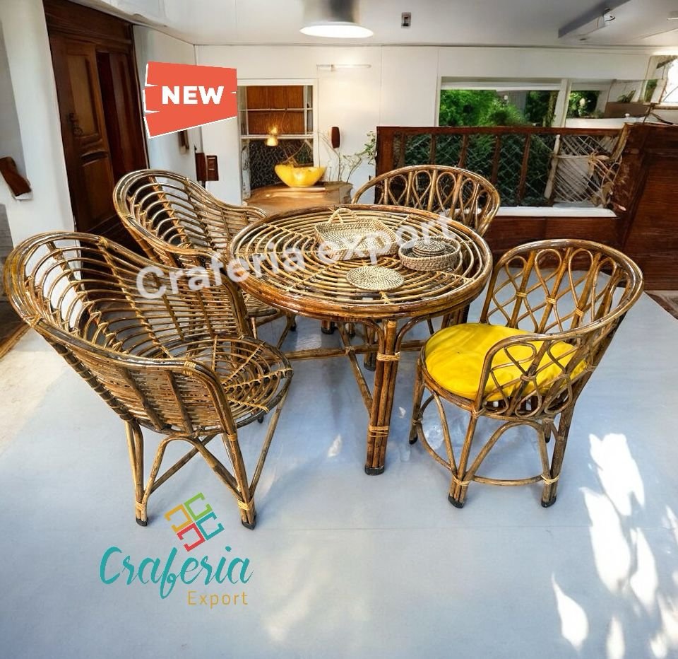 Cane Back-mudda Chairs Table Set | Bamboo Arm Rest backmuda Chairs with round XL table set for indoor outdoor / Cafe / Hotels / Restaurants/ Living Room / Garden Balcony