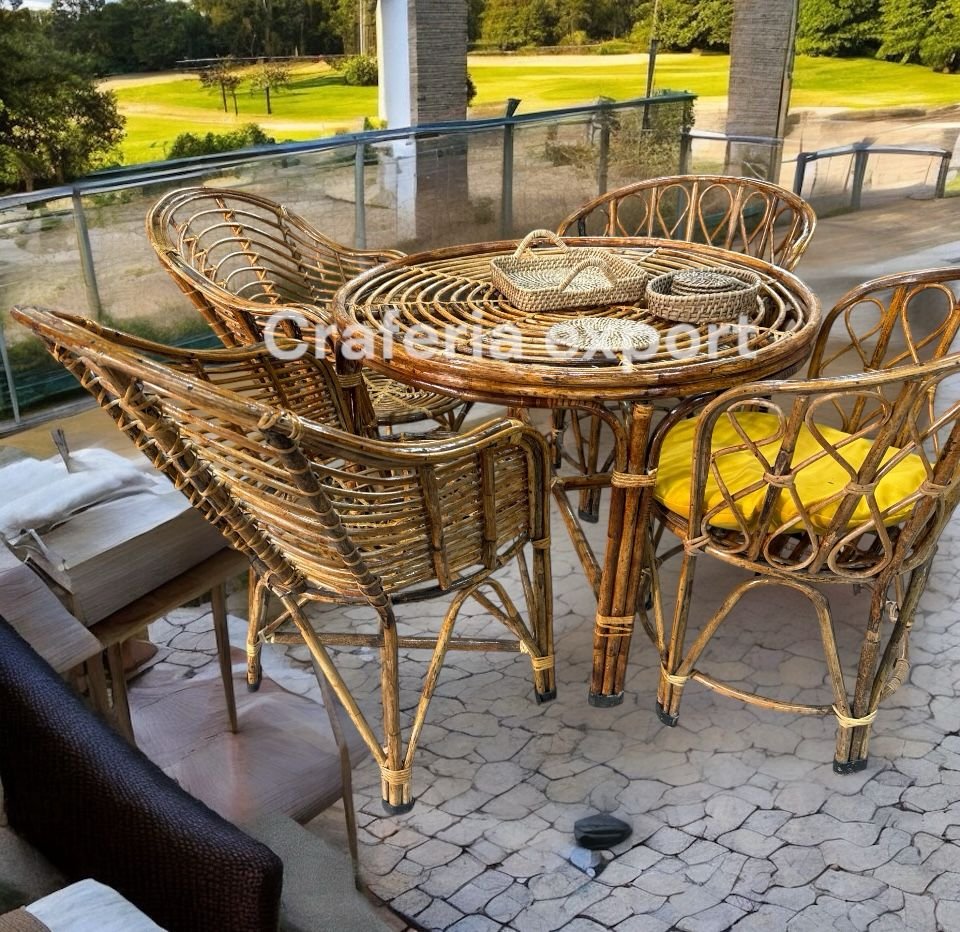 Cane Back-mudda Chairs Table Set | Bamboo Arm Rest backmuda Chairs with round XL table set for indoor outdoor / Cafe / Hotels / Restaurants/ Living Room / Garden Balcony