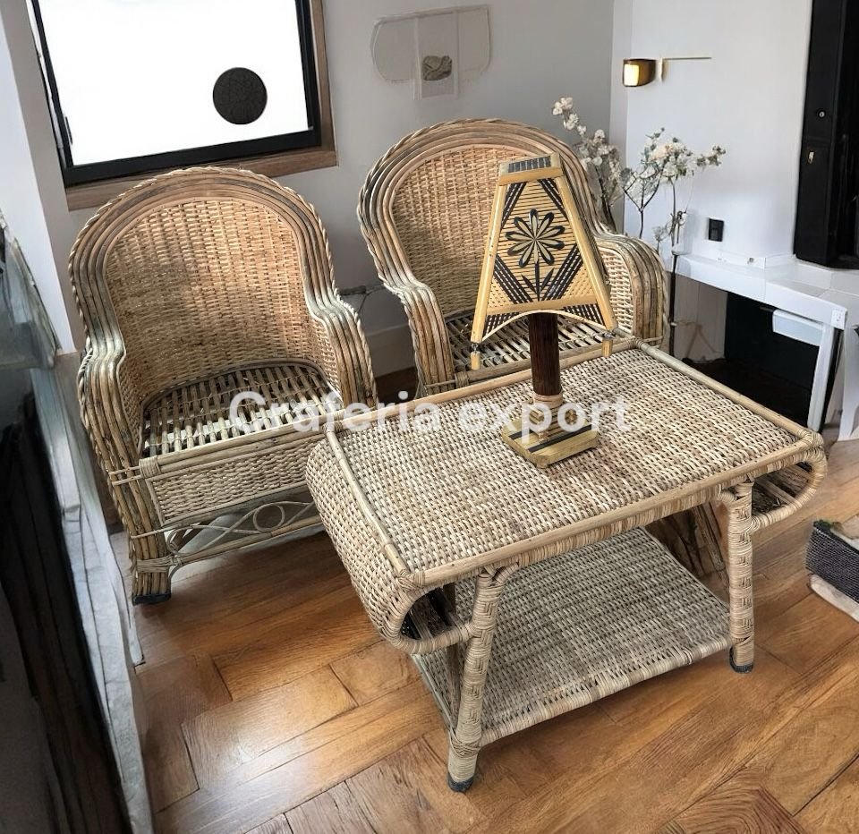 Cane Sofa chairs with coffee table set furniture | Bamboo Bunai Sofa chairs set for indoor outdoor sitting /Cane Apple Chairs set ( set of 3)