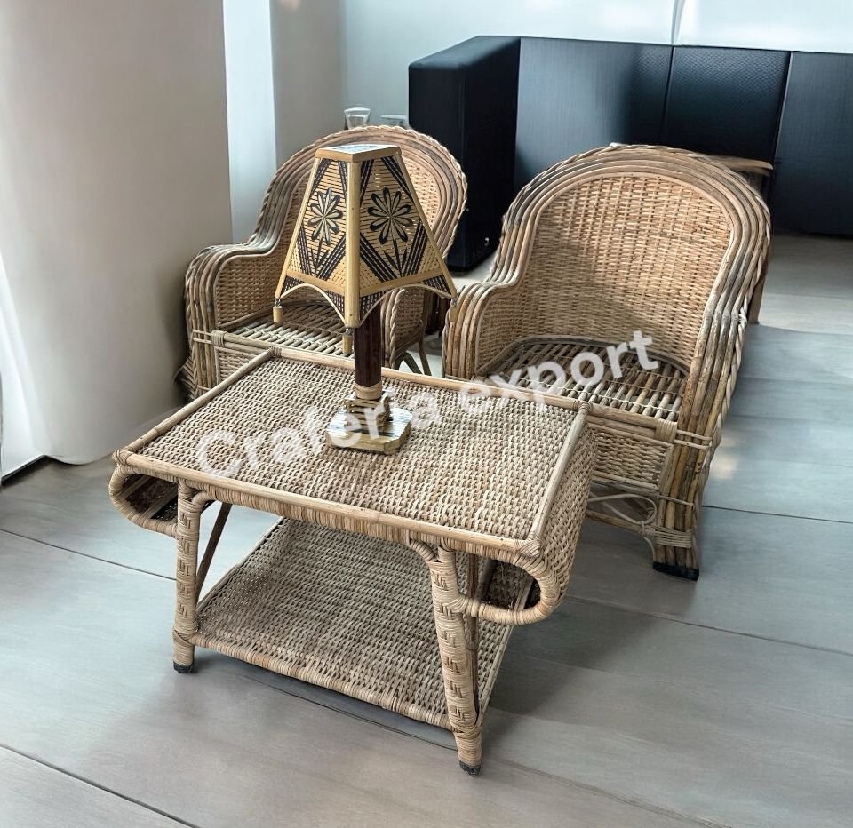 Cane Sofa chairs with coffee table set furniture | Bamboo Bunai Sofa chairs set for indoor outdoor sitting /Cane Apple Chairs set ( set of 3)