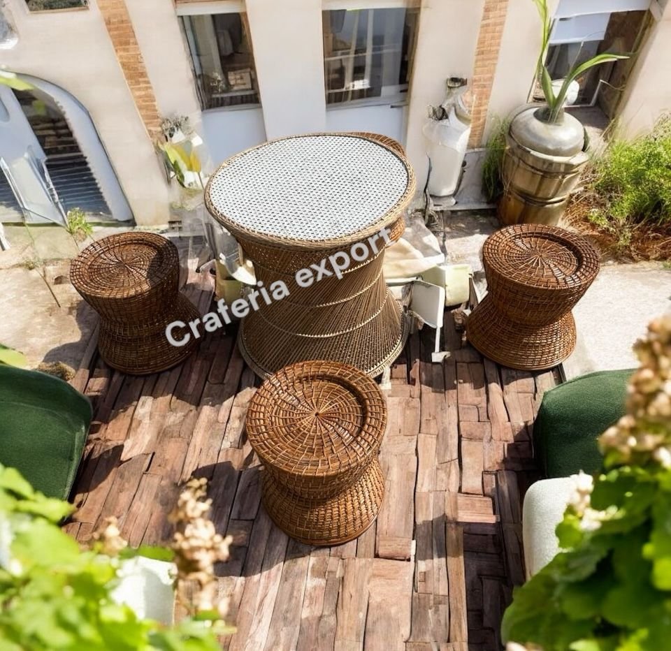 Cane Bamboo Coffee table stools set for Indoor Outdoor / Bunai Stools with Round Tall Table Set Furniture for Restaurant Cafe Hotel Use ( set of 5)