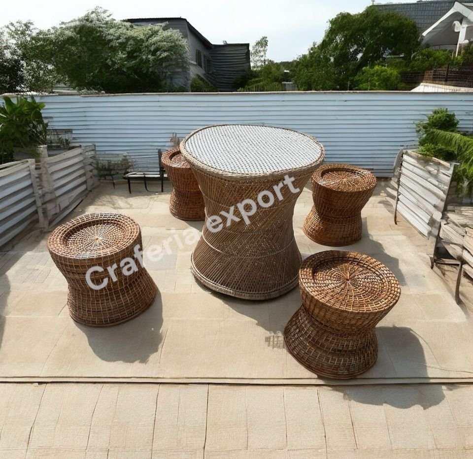 Cane Bamboo Coffee table stools set for Indoor Outdoor / Bunai Stools with Round Tall Table Set Furniture for Restaurant Cafe Hotel Use ( set of 5)