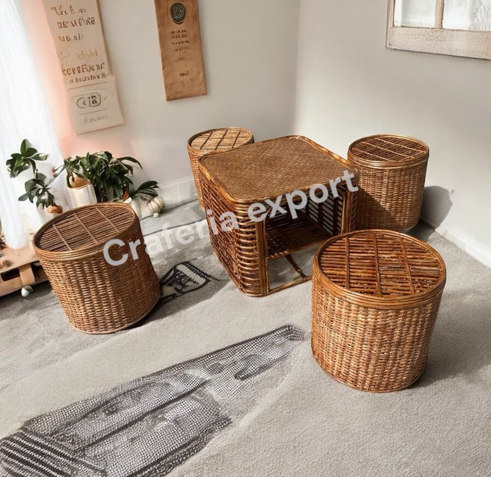 Bamboo Cane Round Stool / Bunai Sitting stools with table for Balcony / Garden / Coffee Table Set Furniture / Ourdoor Furniture for Restaurant Cafe Hotel Use (Set of 5)