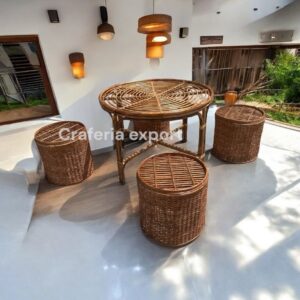 Cane Bamboo Round Bunai Table Set, Coffee Table with Stools Furniture Set for Home, Office, Balcony Sitting /Outdoor Indoor