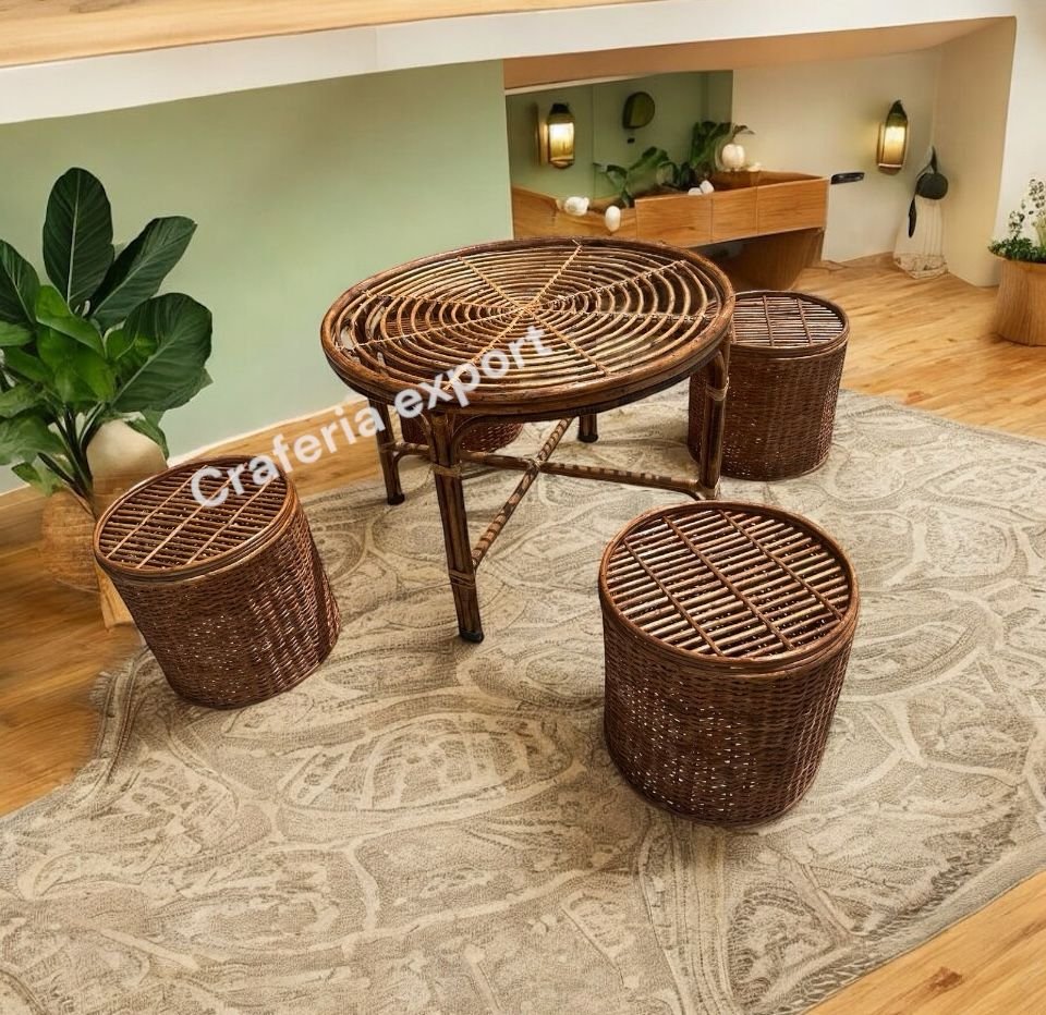 Cane Bamboo Round Bunai Table Set, Coffee Table with Stools Furniture Set for Home, Office, Balcony Sitting /Outdoor Indoor