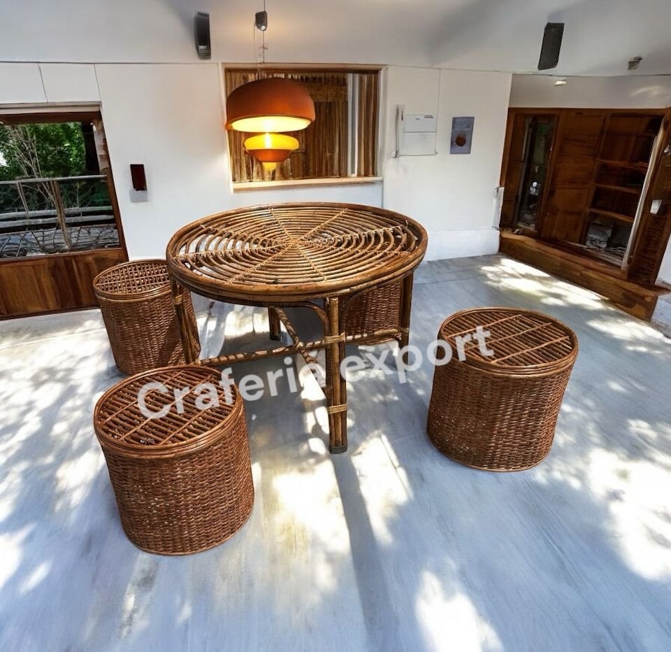 Cane Bamboo Round Bunai Table Set, Coffee Table with Stools Furniture Set for Home, Office, Balcony Sitting /Outdoor Indoor