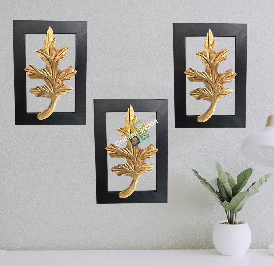 Brass Leaf On Wood Frame For Wall Decor (Set Of 3)