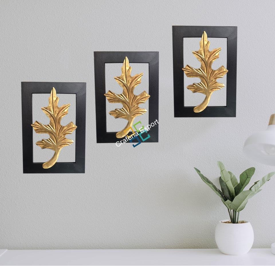 Brass Leaf On Wood Frame For Wall Decor (Set Of 3)