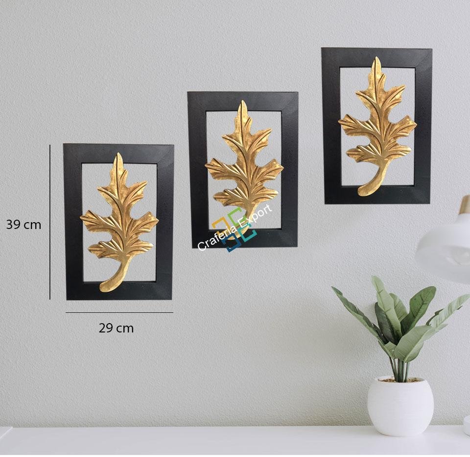 Brass Leaf On Wood Frame For Wall Decor (Set Of 3)