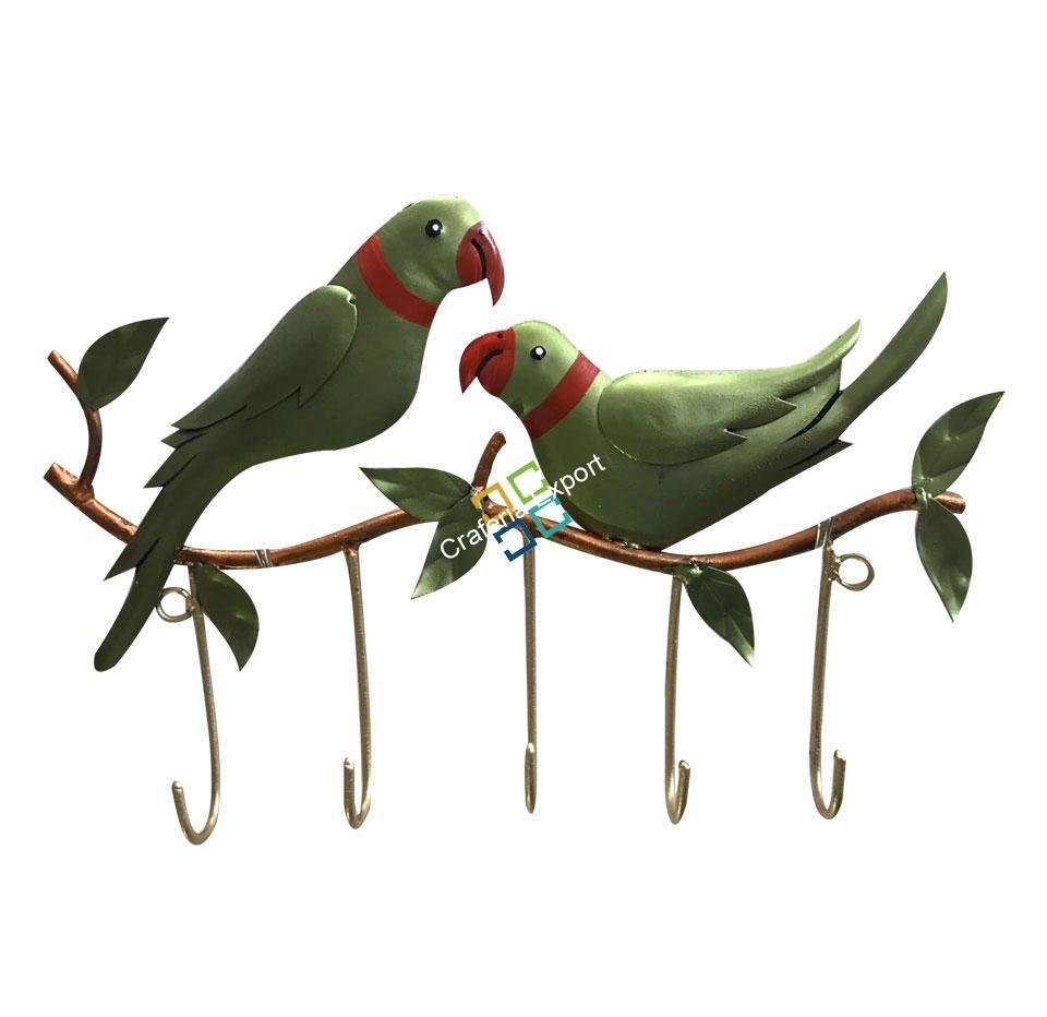 Metallic Parrot Couple Sitting Key Holder For Wall Decor/Gift Item