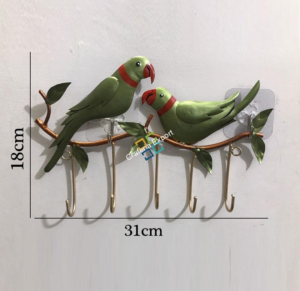 Metallic Parrot Couple Sitting Key Holder For Wall Decor/Gift Item