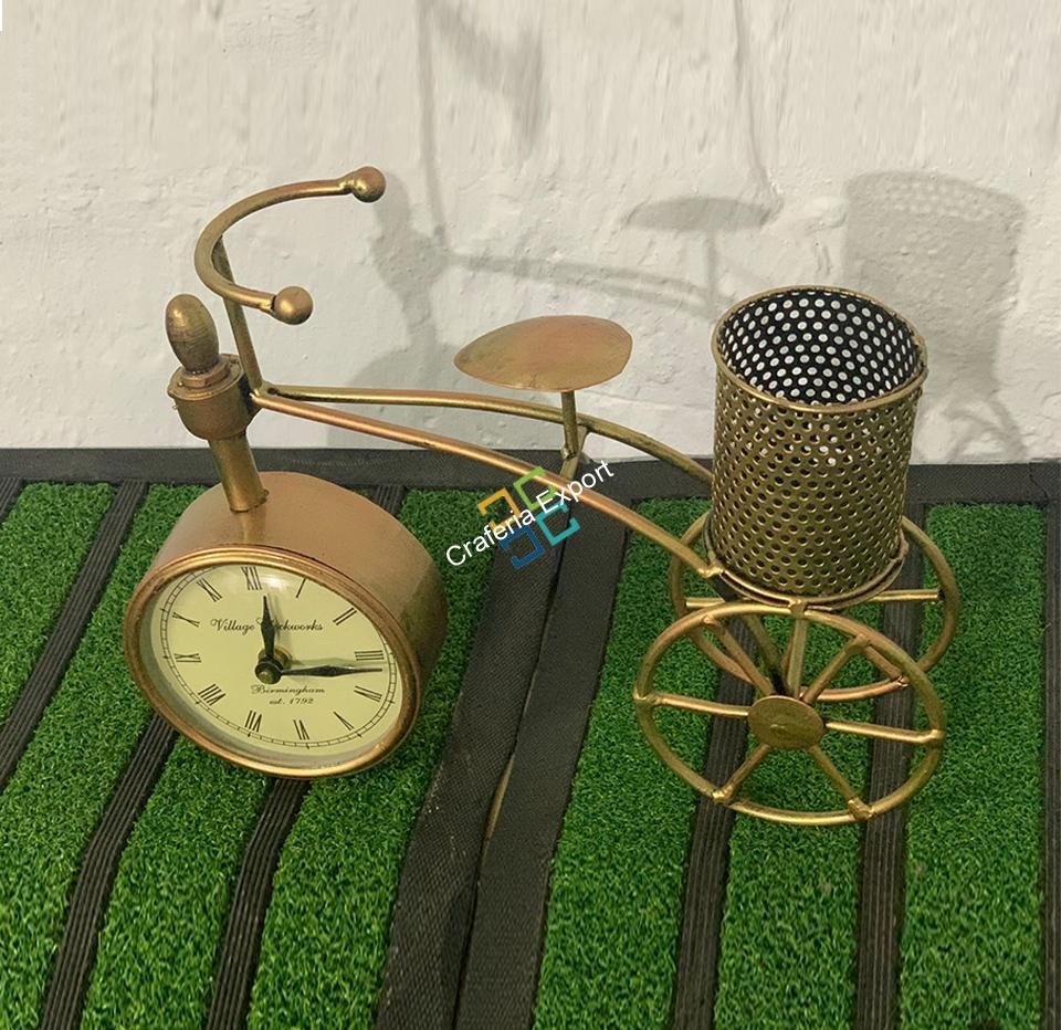 Antique Cycle Table clock Showpiece With Pen Holder Stand For Decor