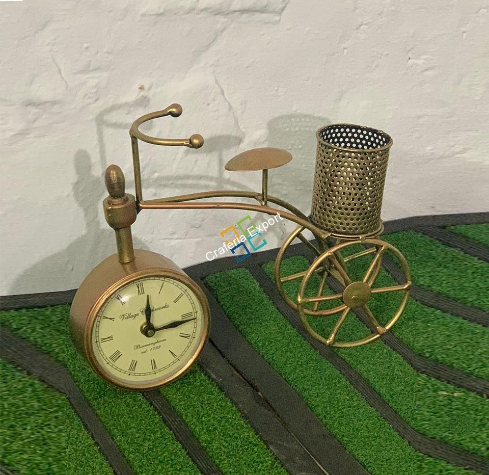 Antique Cycle Table clock Showpiece With Pen Holder Stand For Decor