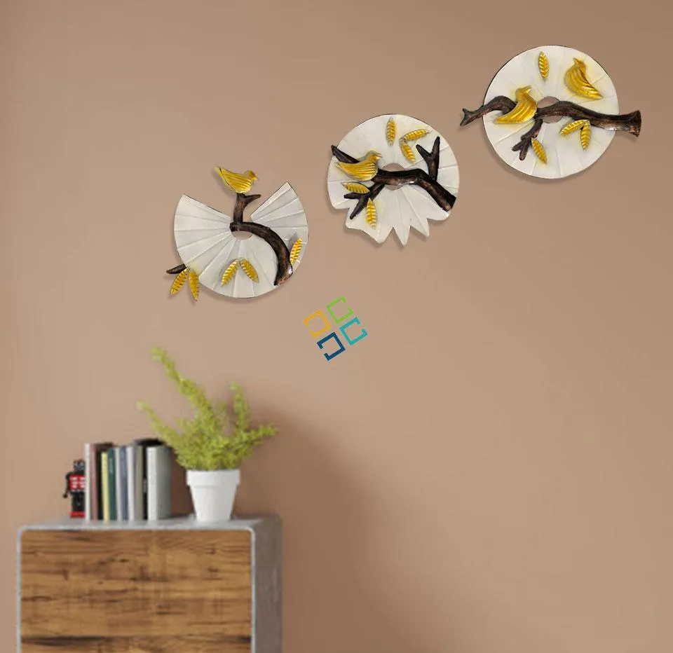 Antique bird on branch wall art panels set of 3 for home decor