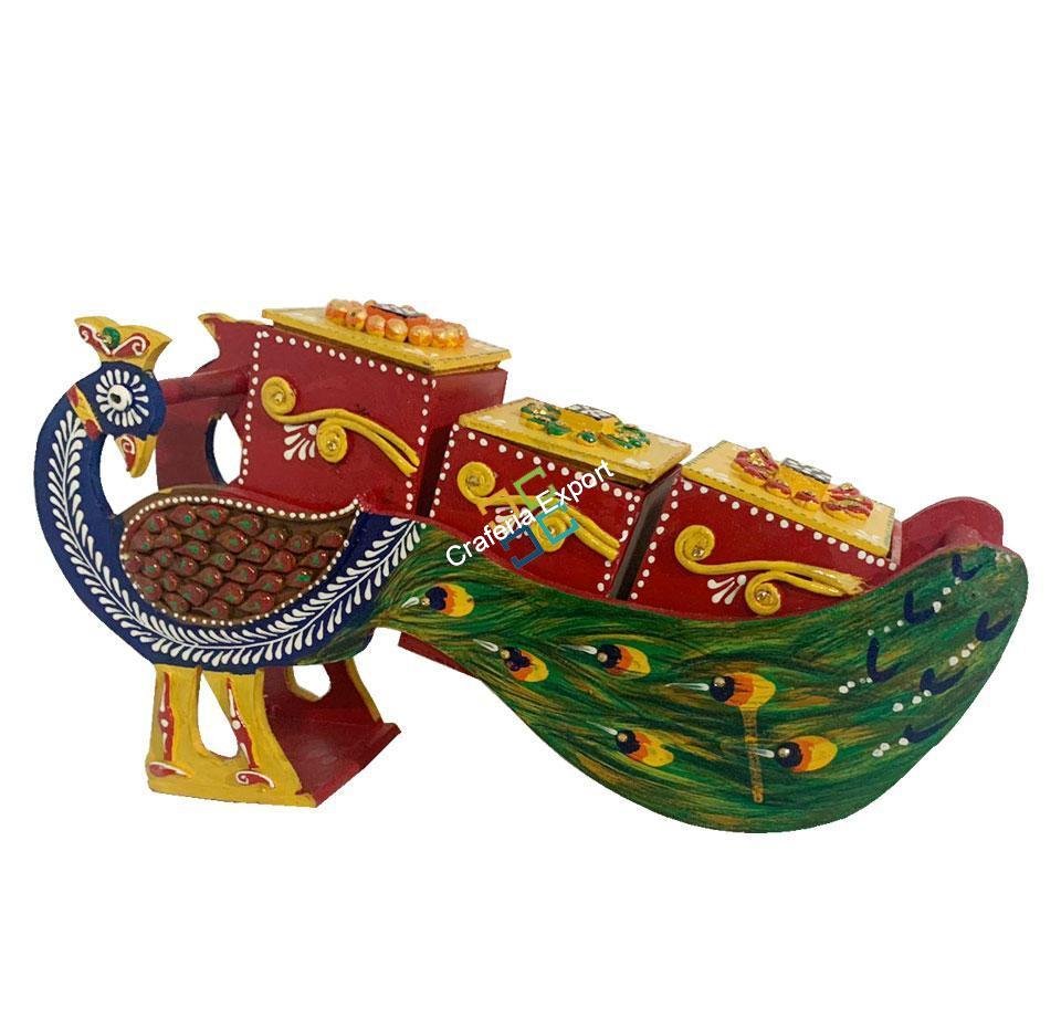 Wooden handcrafted peacock shaped dry fruit box / serving cart showpiece