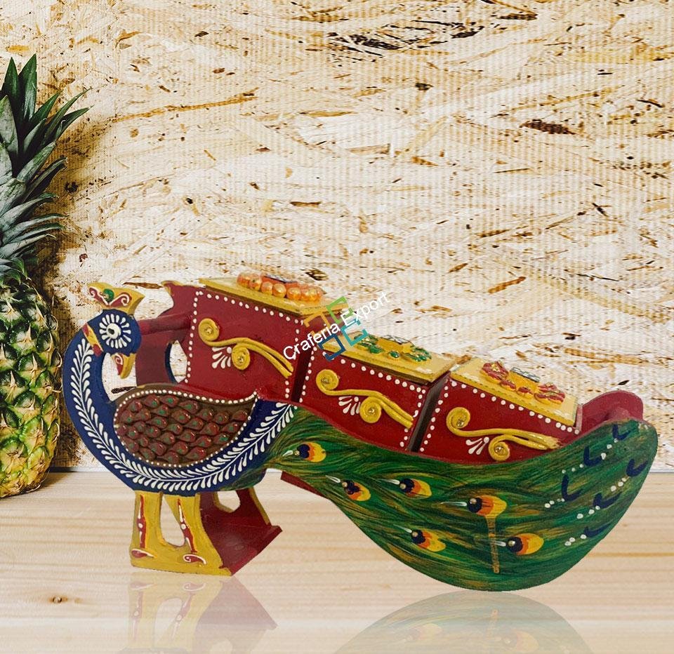 Wooden handcrafted peacock shaped dry fruit box / serving cart showpiece