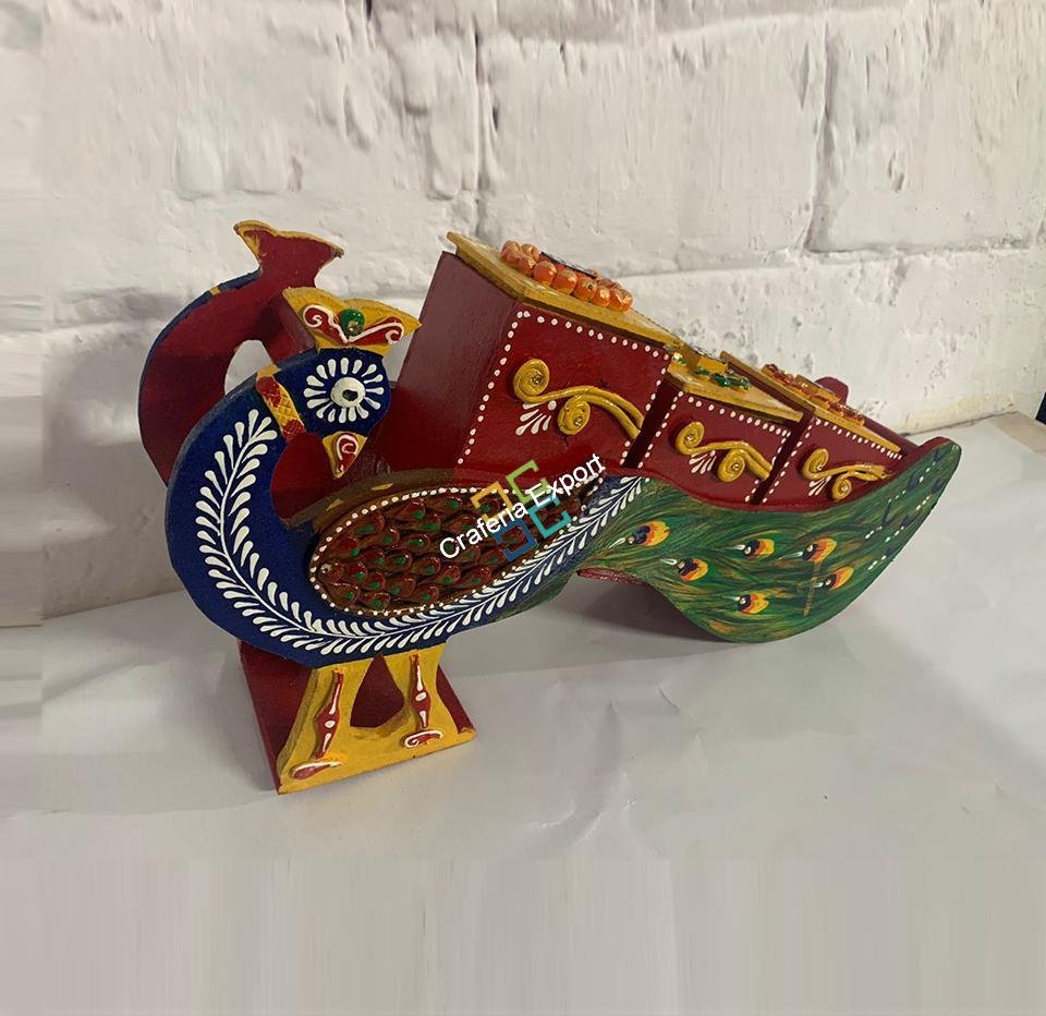 Wooden handcrafted peacock shaped dry fruit box / serving cart showpiece
