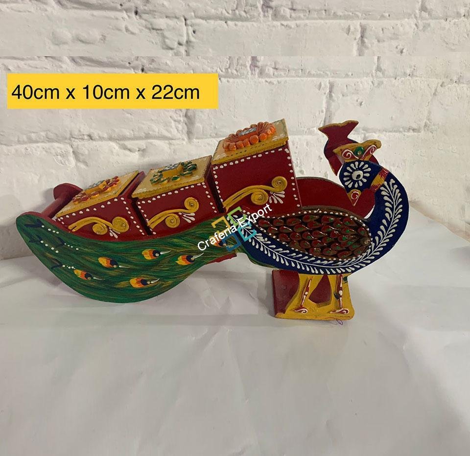 Wooden handcrafted peacock shaped dry fruit box / serving cart showpiece