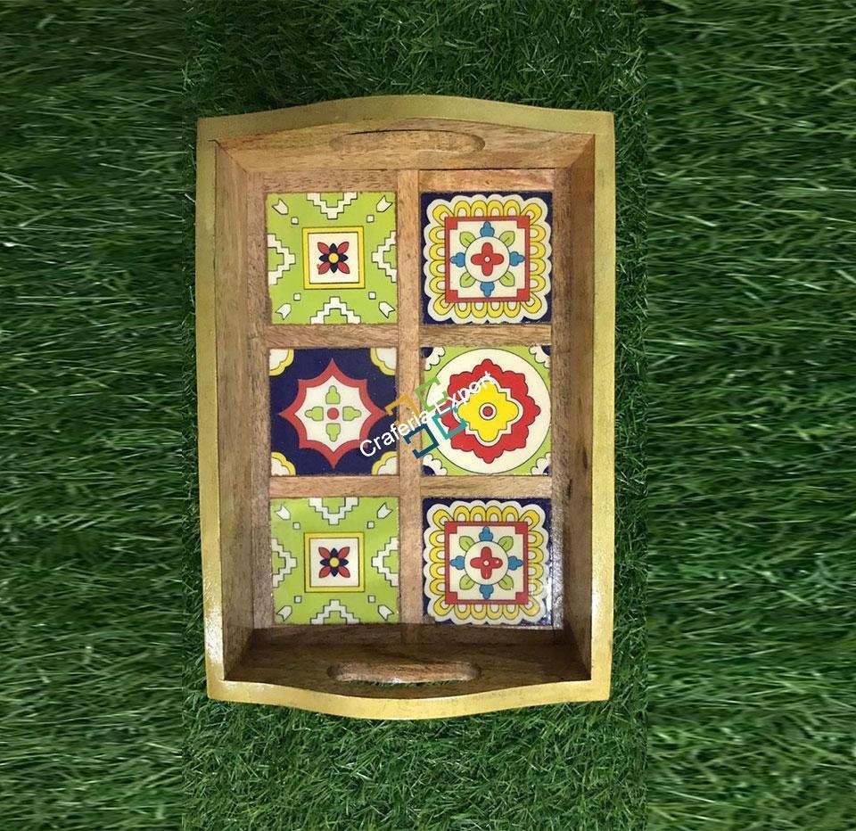 Handcrafted wooden serving tray with tiles fitted for home decor