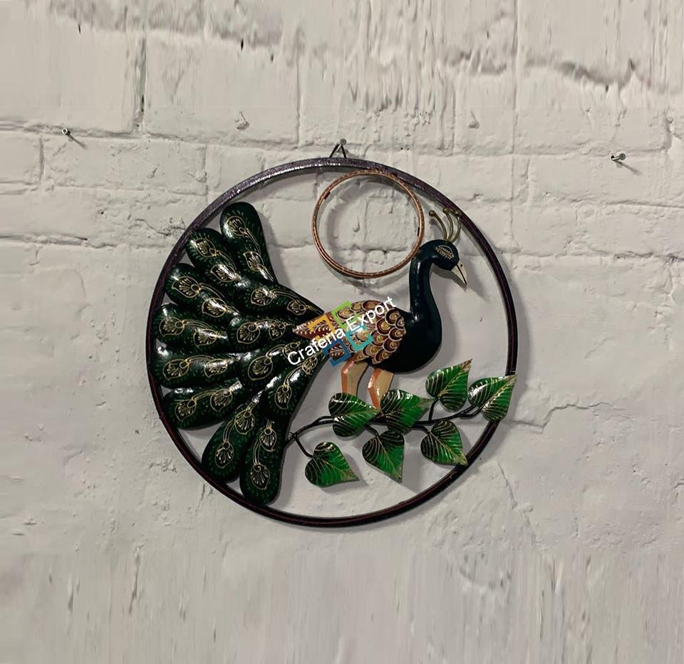 Peacock and floral Round Metal decorative wall Hanging