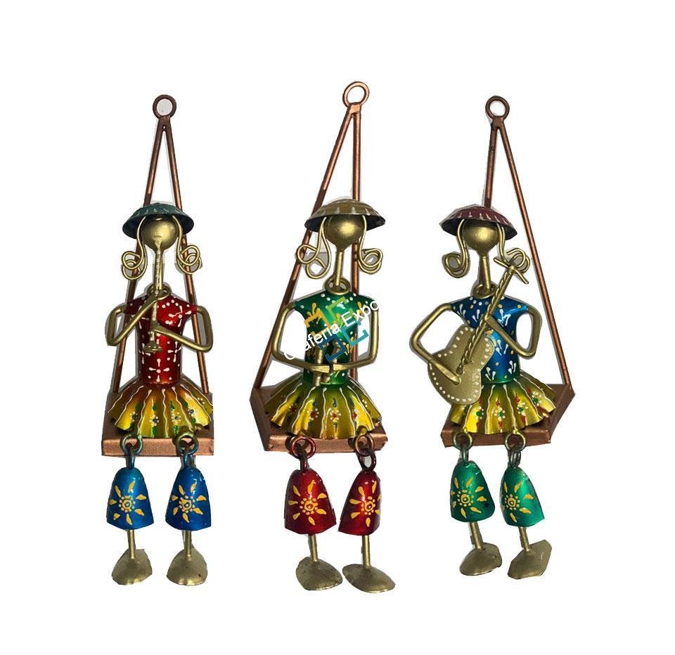 Metal Handmade Musician Lady Showpiece (Set of 3) Wall Hanging | Decorative Wall Art Ascents | Gifts Rajasthani Tribal Designs