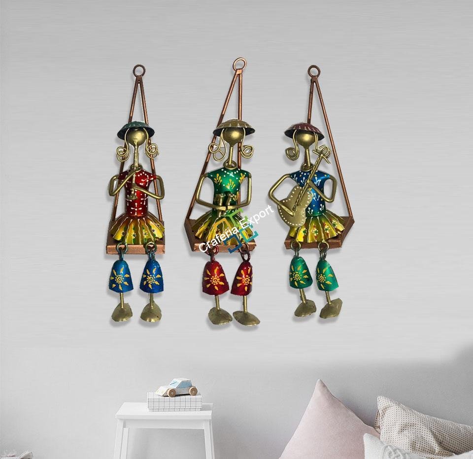 Metal Handmade Musician Lady Showpiece (Set of 3) Wall Hanging | Decorative Wall Art Ascents | Gifts Rajasthani Tribal Designs
