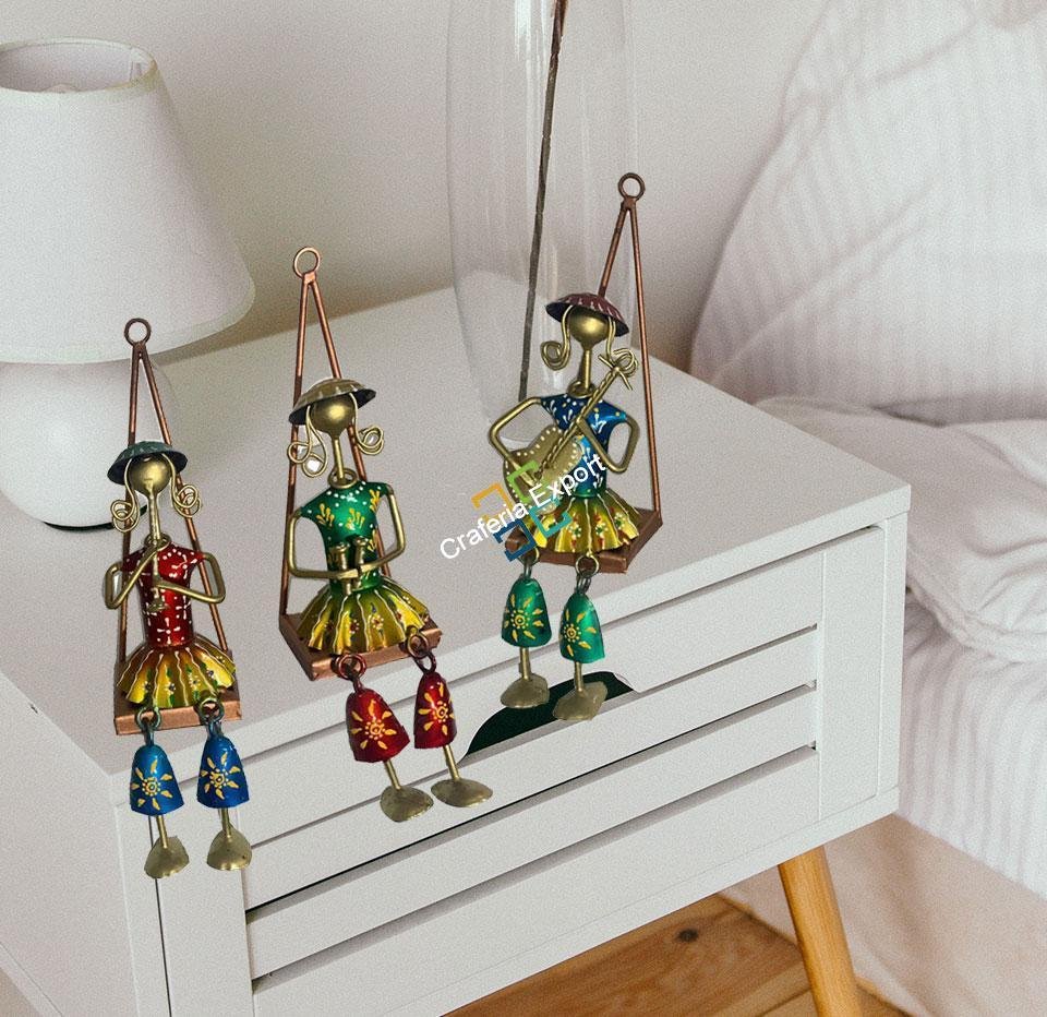 Metal Handmade Musician Lady Showpiece (Set of 3) Wall Hanging | Decorative Wall Art Ascents | Gifts Rajasthani Tribal Designs