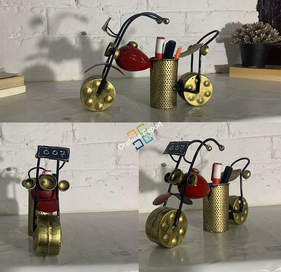 Metal Decorative Bullet  Bike Pen Stand Holder Table Desk Organizer Showpiece(Red,Silver)