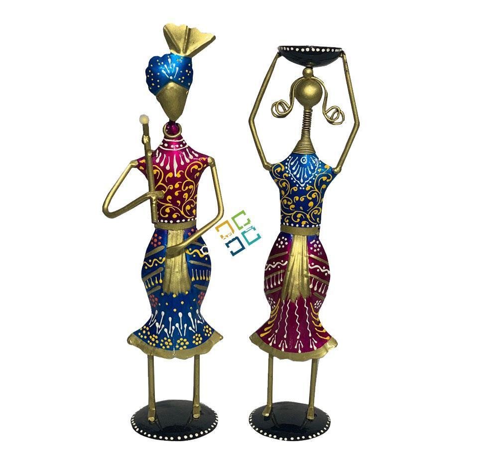 Rajasthani Tribal Showpiece (Set of 2) Idol Figurine Couple | Decorative Item for Living Home Office Table Drawing Room Gifts - Multicolored