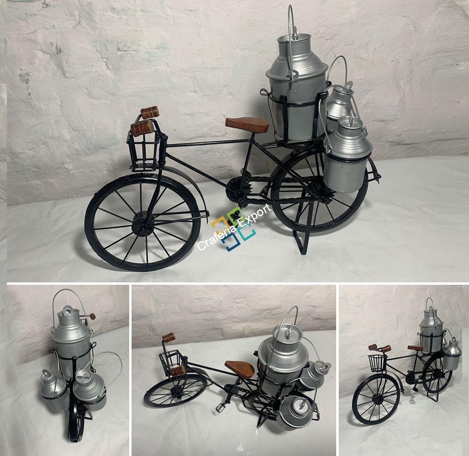 Milkman Cycle with Real Rotating Wheels Antique Metal Wooden Showpiece Miniature for Living Room Table Top | Toy for Kids and Home Decor Gifts