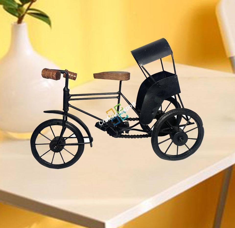 Handmade Iron Mini Cycle Rickshaw Movable Toy | Antique Wood and Wrought Vintage Showpiece for Living room Showcase Decor | Gifts Item