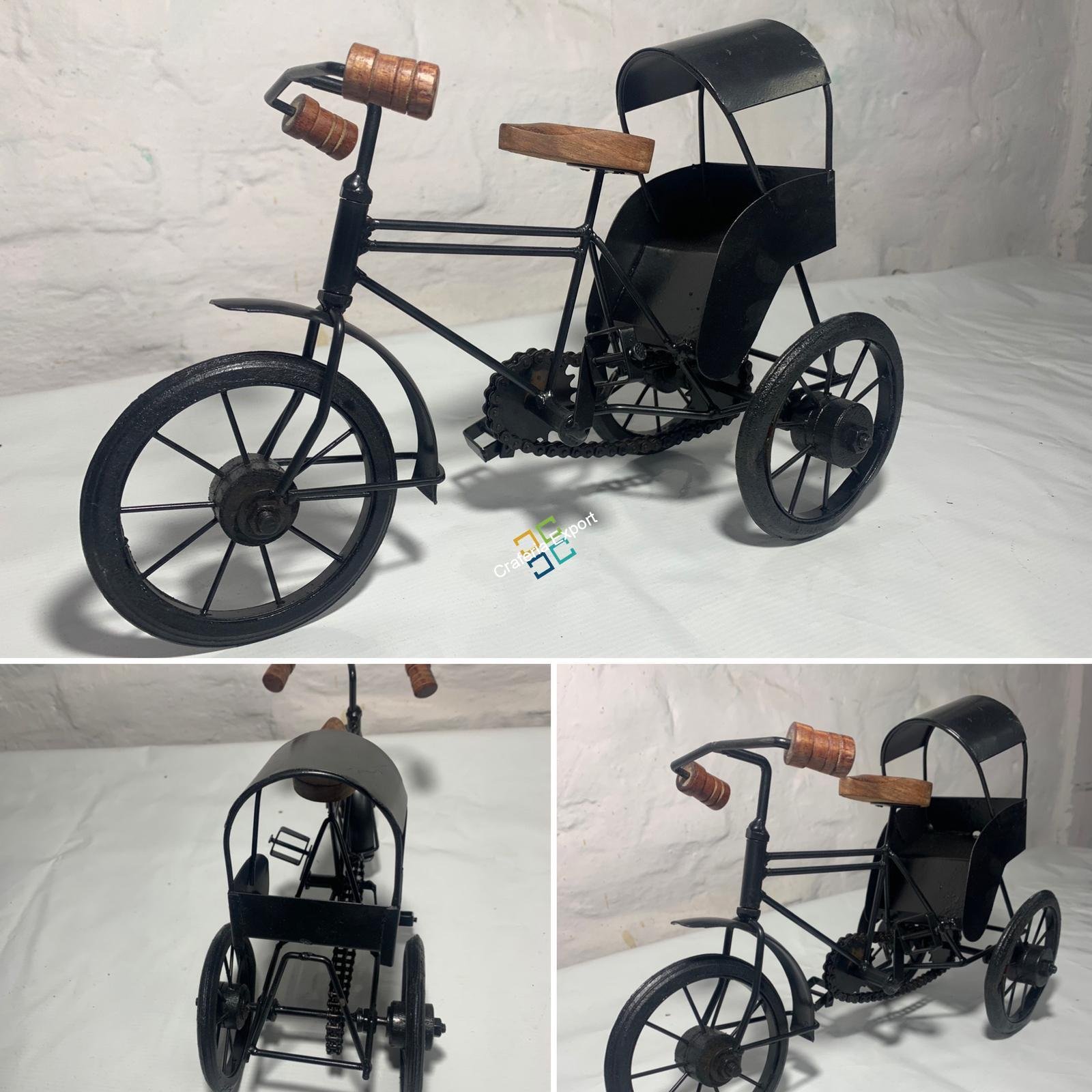 Handmade Iron Mini Cycle Rickshaw Movable Toy | Antique Wood and Wrought Vintage Showpiece for Living room Showcase Decor | Gifts Item