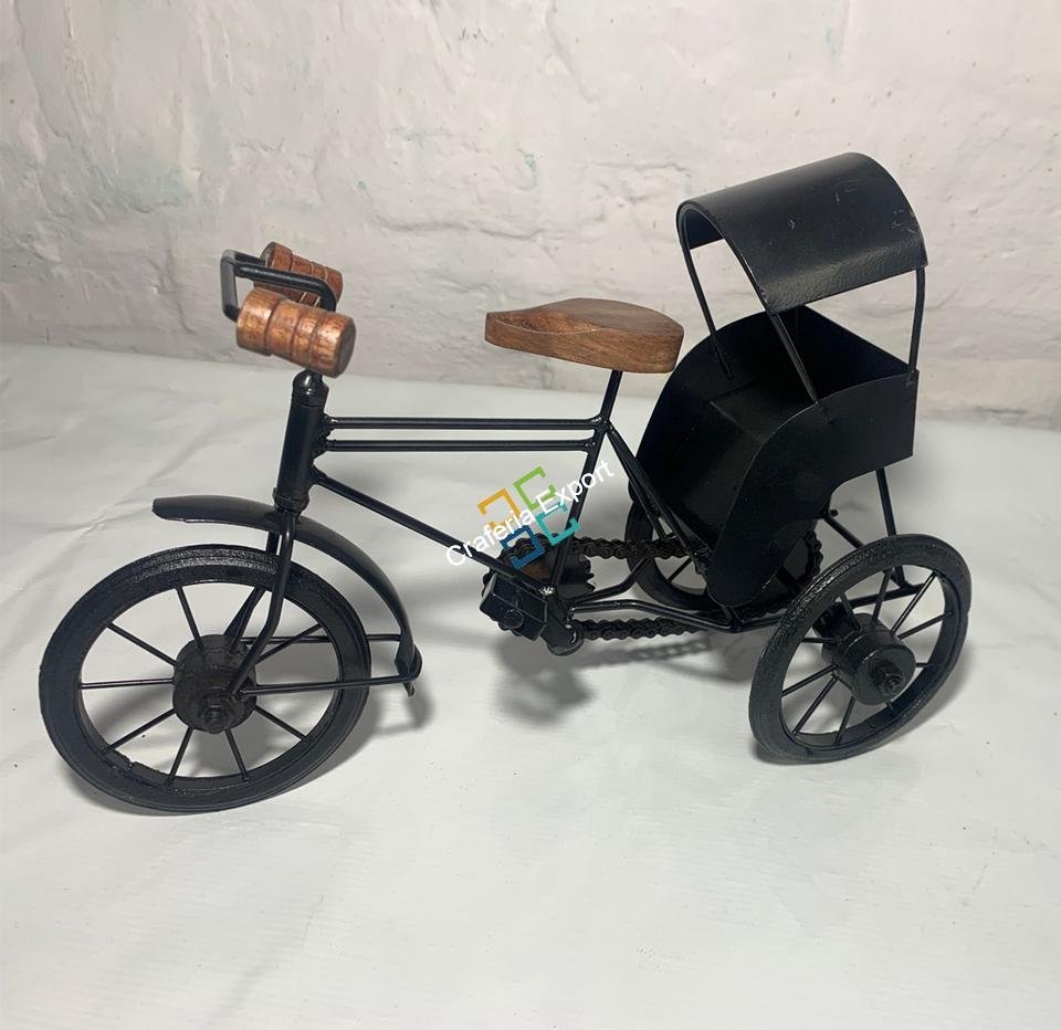 Handmade Iron Mini Cycle Rickshaw Movable Toy | Antique Wood and Wrought Vintage Showpiece for Living room Showcase Decor | Gifts Item