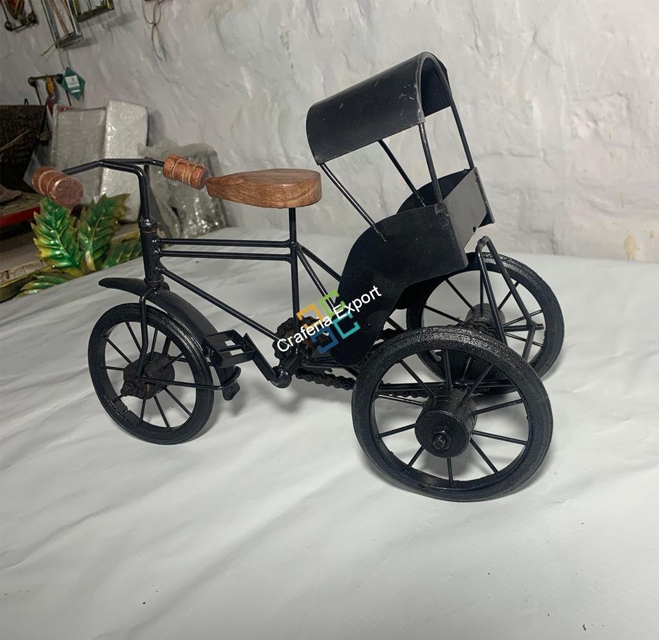 Handmade Iron Mini Cycle Rickshaw Movable Toy | Antique Wood and Wrought Vintage Showpiece for Living room Showcase Decor | Gifts Item