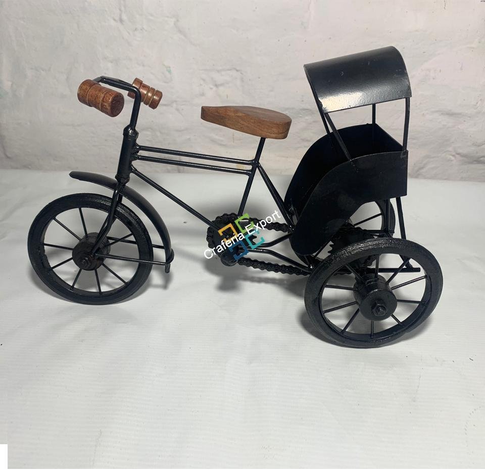 Handmade Iron Mini Cycle Rickshaw Movable Toy | Antique Wood and Wrought Vintage Showpiece for Living room Showcase Decor | Gifts Item