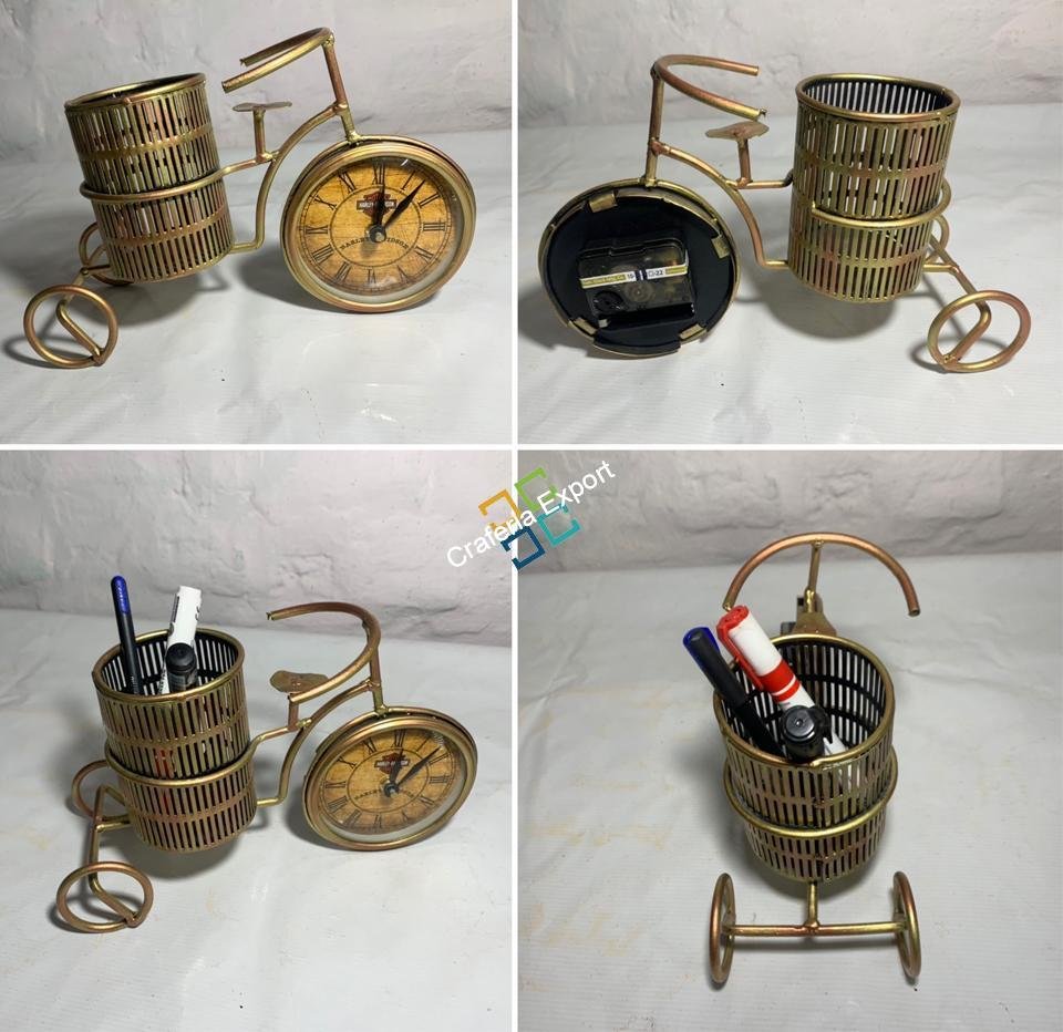 Cycle Shaped Handicraft Showpiece Pen/Pencil Holder With Analog Clock | Metal Desk Organizer for Home & Office | Gifts item