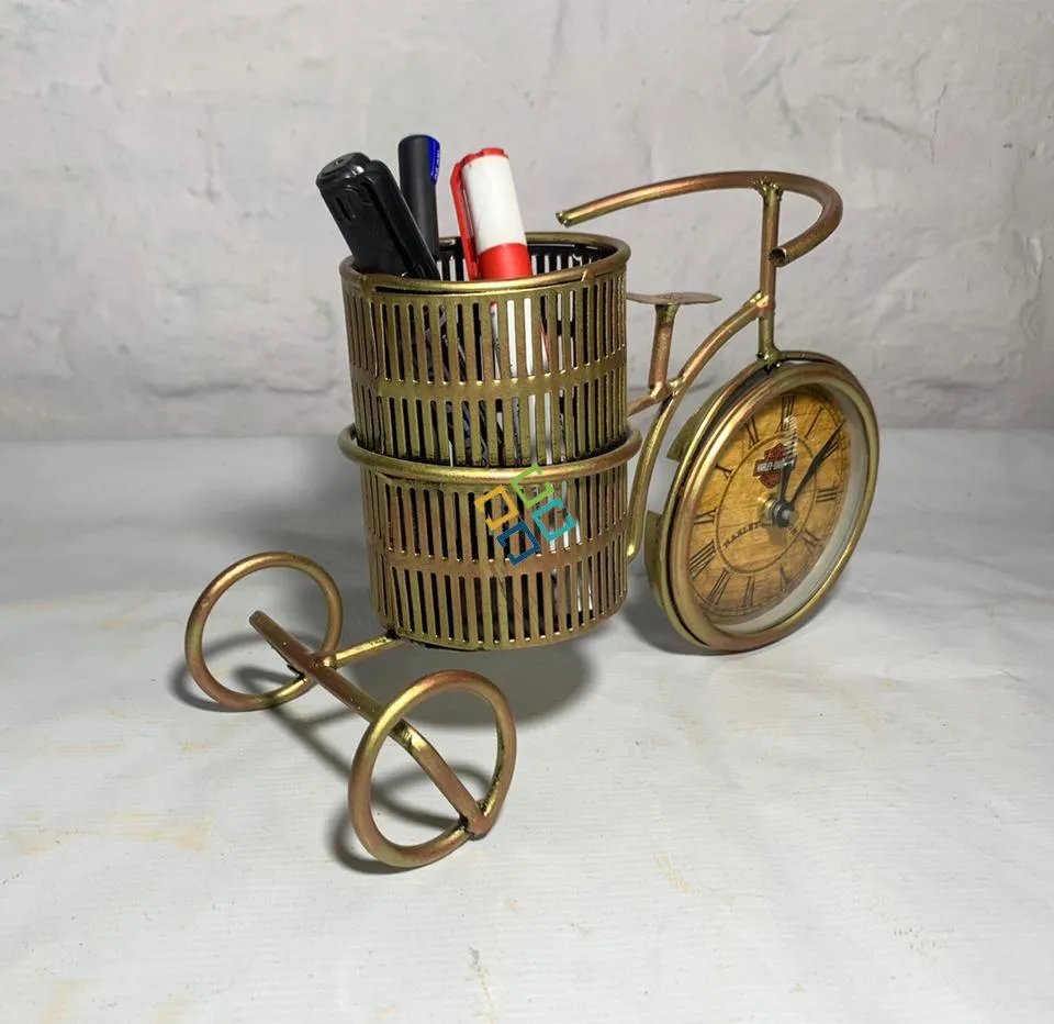 Cycle Shaped Handicraft Showpiece Pen/Pencil Holder With Analog Clock | Metal Desk Organizer for Home & Office | Gifts item