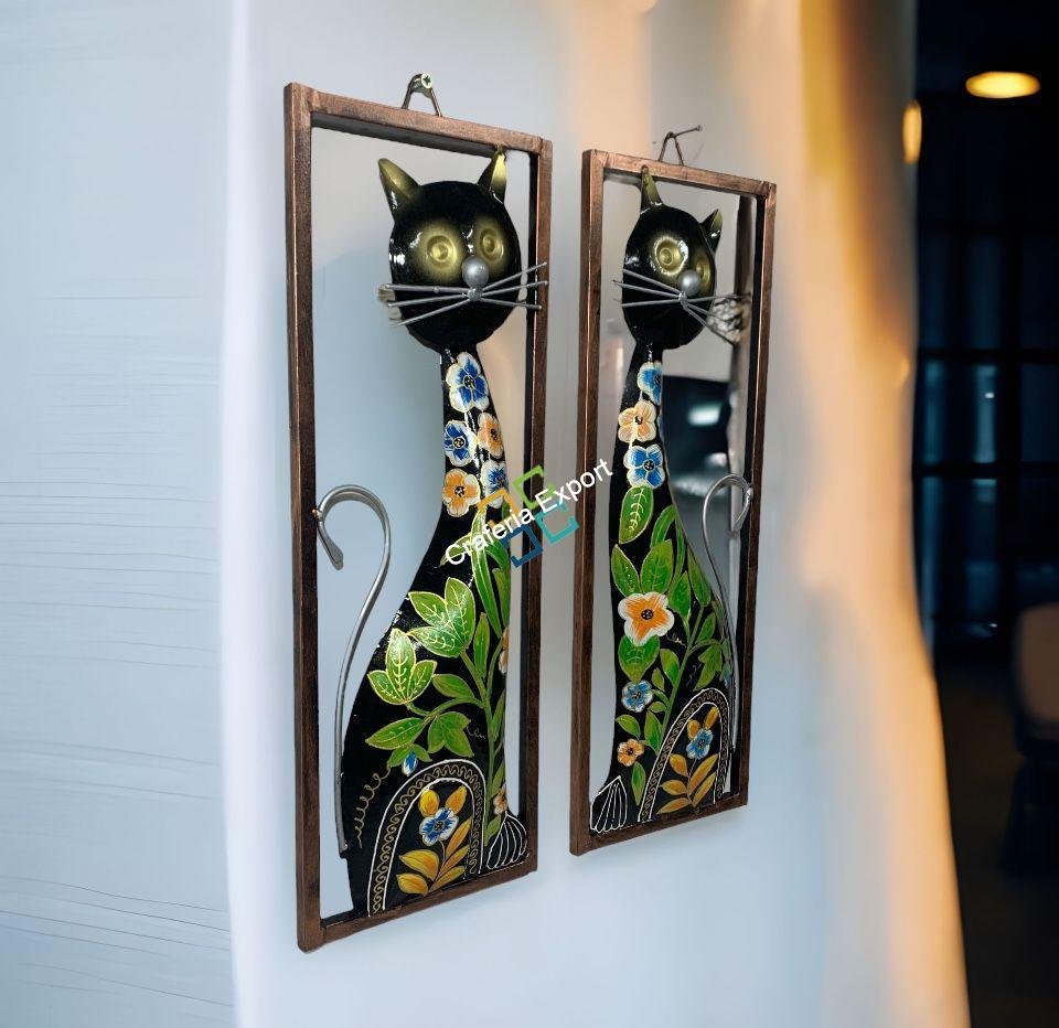 Cat Metal Wall Hanging Handmade Frame Panels (Set of 2) | Wall Decoration Hand painted Art For Living Rooms ,Hotels ,Office Decorations