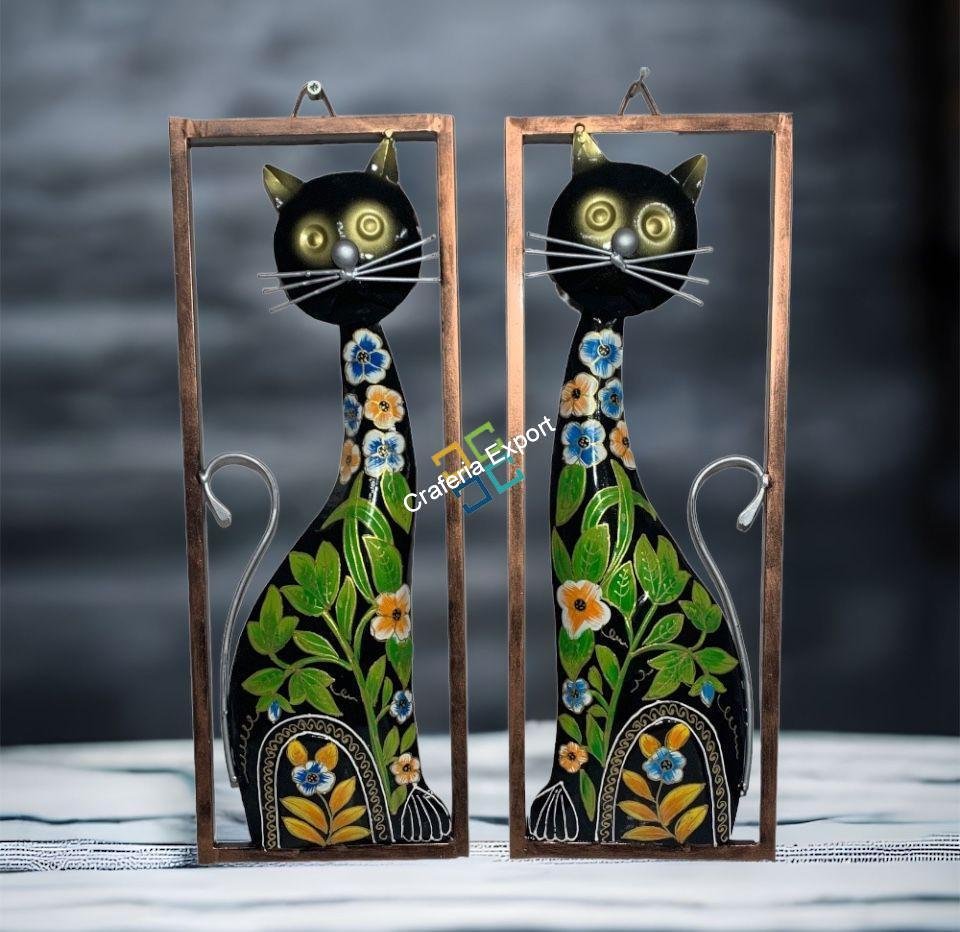Cat Metal Wall Hanging Handmade Frame Panels (Set of 2) | Wall Decoration Hand painted Art For Living Rooms ,Hotels ,Office Decorations